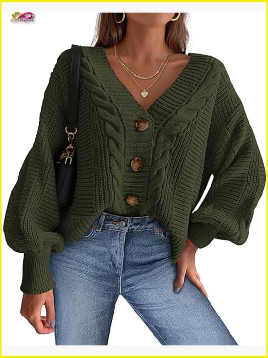 Sweaters - V Neck Long Sleeve Chunky Cable Knit Button Cardigan Sweater Oversized